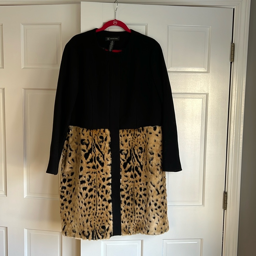 INC International Concepts Black and Leopard Faux Fur Trim Coat
